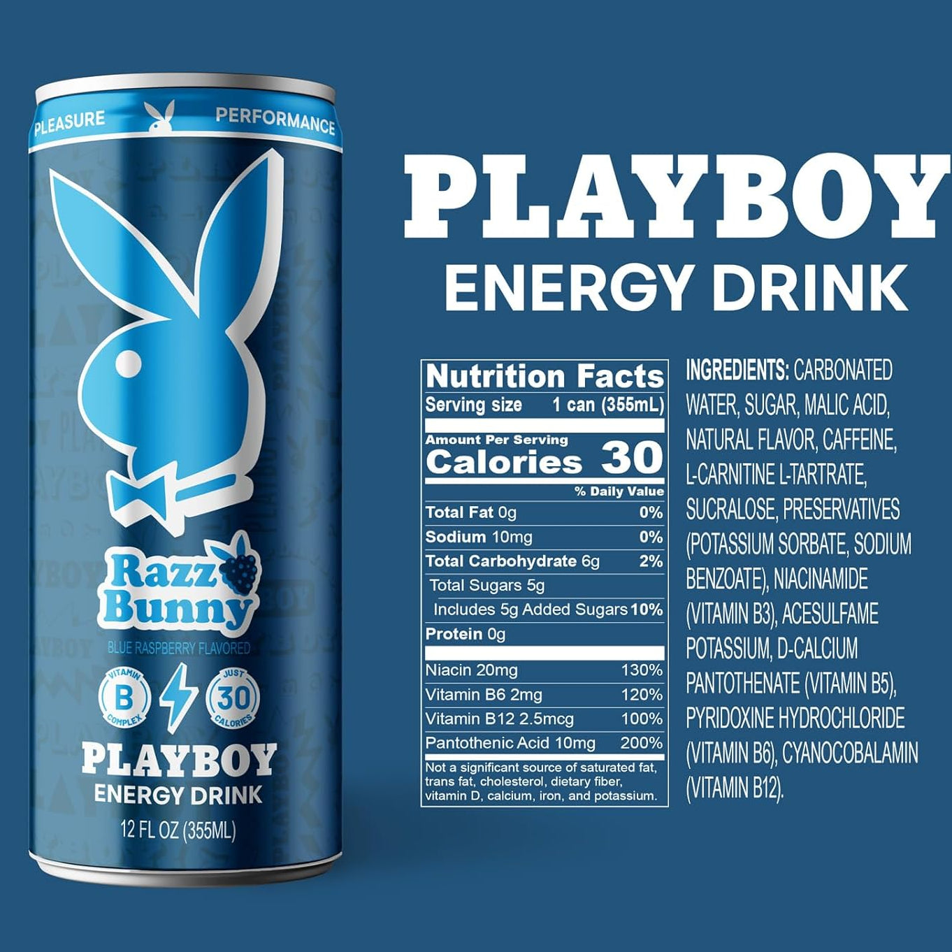 Playboy Energy Drink – Razz Bunny (Blue Raspberry) LOW SUGAR/Calories · 330 ml